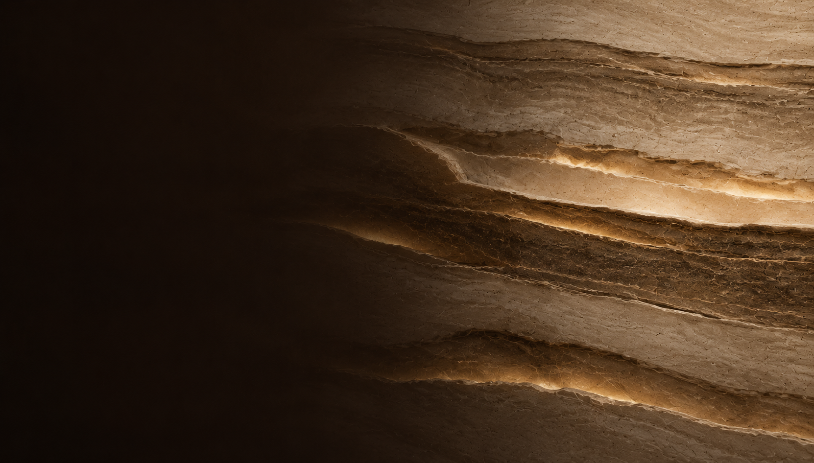 Luminous geological stone strata emerging from walnut shadow