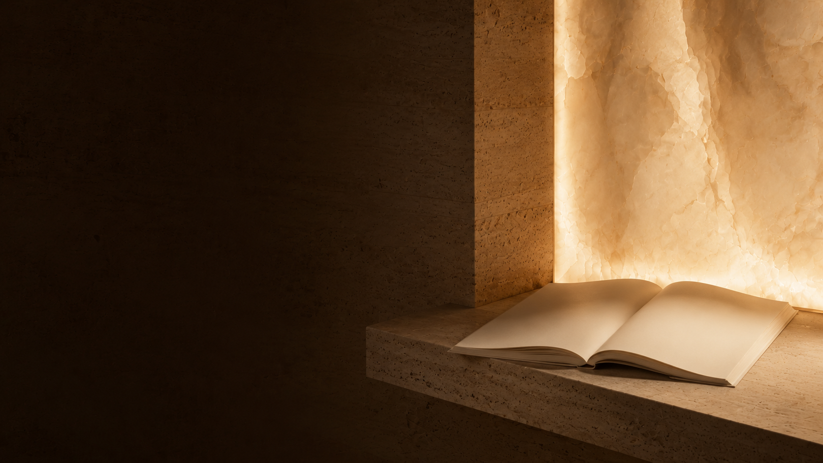 Open neutral folio in an illuminated architectural alcove